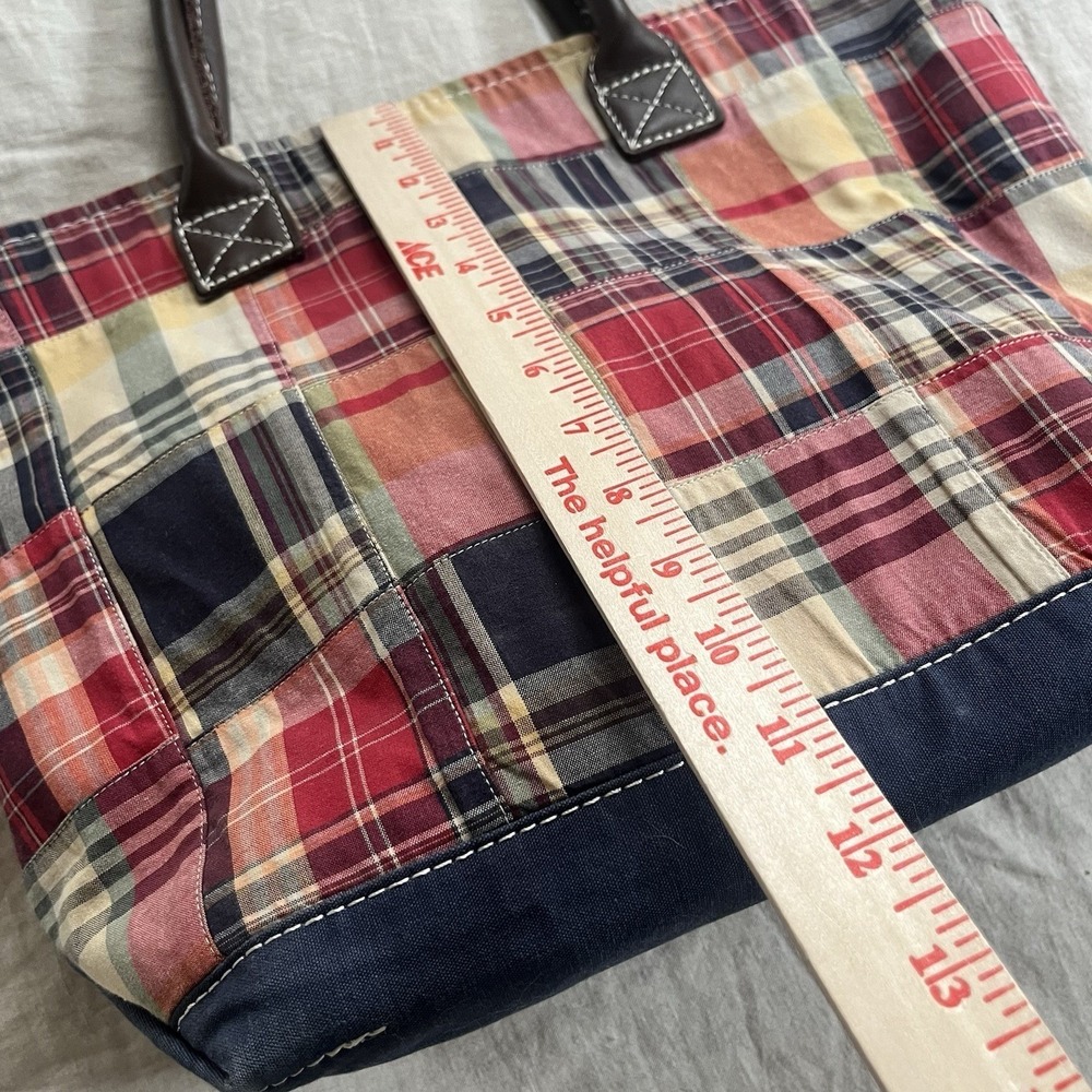 Vintage L.L. Bean Plaid Patchwork Leather Handle Tote Canvas - Picture 7 of 9
